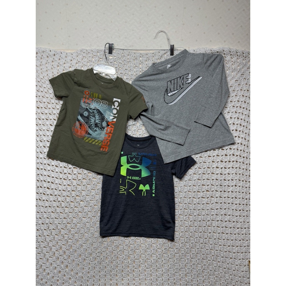 3 Pc Lot Under Armour Nike Converse Boy Shirt Size 7 Gray Olive Crew‎ Neck